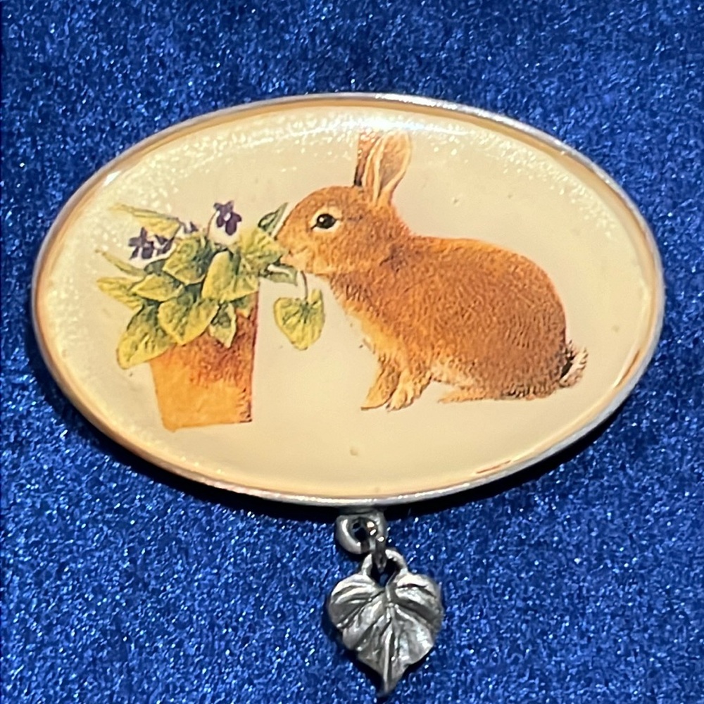 Bunny Rabbit Brooch or Pin by Marjolein Bastin 1999 Bunny Sniffing Violets